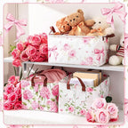 Boao 3 Pcs Pink Hydrangea Foldable Storage Baskets Pink Flower Laundry Basket with Handles Waterproof Storage Bins Fabric She