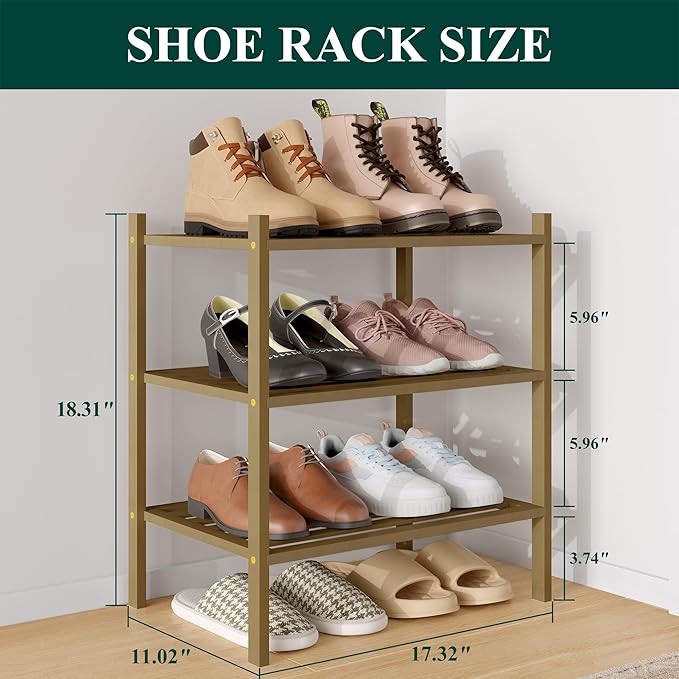 Smiry Small Bamboo Shoe Rack 3-Tier, Stackable Wooden Shoe Organizer for Entryway & Closet, Free Standing Wood Shoe Storage S
