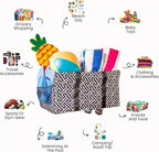 Extra Large Utility Tote Bag - Oversized Collapsible Reusable Wire Frame Rectangular Canvas Basket With Two Exterior Pockets For Beach, Pool, Laundry, Car Trunk, Storage - Geometrc Black