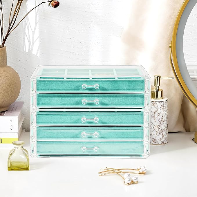 ProCase Earring Holder Organizer Jewelry Box with 5 Drawers, Acrylic Clear Earring Case with Adjustable Velvet Trays for Wome
