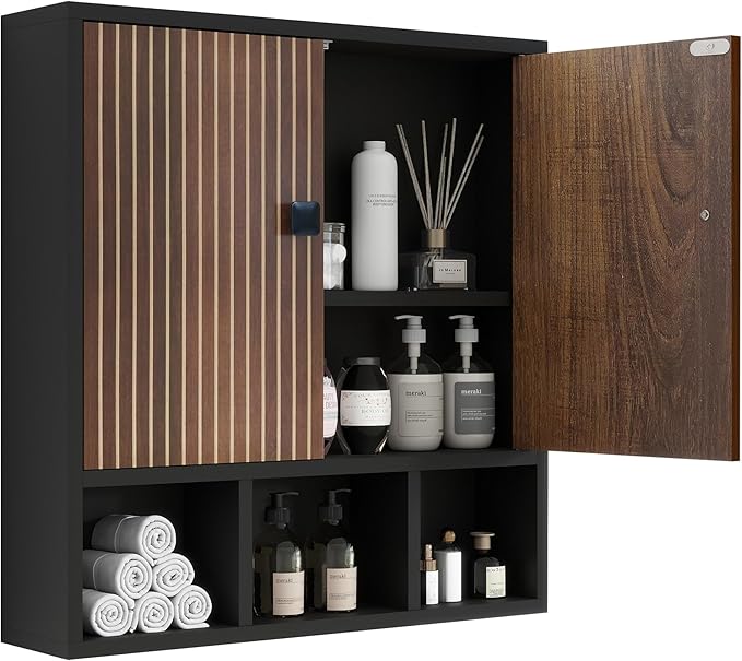 Bathroom Wall Cabinet,Wooden Medicine Cabinet with Fluted Doors Over The Toilet Storage Cabinet with Adjustable Shelf for Bat