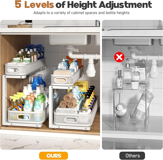 2 Pack 21.3IN-Depth Under Sink Organizer with Smooth Cylindrical Rail,2-Tier Pull Out Multi-Purpose Cabinet Storage for Bathr