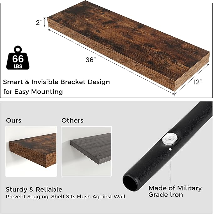 Floating Shelves for Wall, 36" W x 12" D x 2" H, 2 Pack of Long Wall Mounted Engineered Wood Shelves with Invisible Brackets 