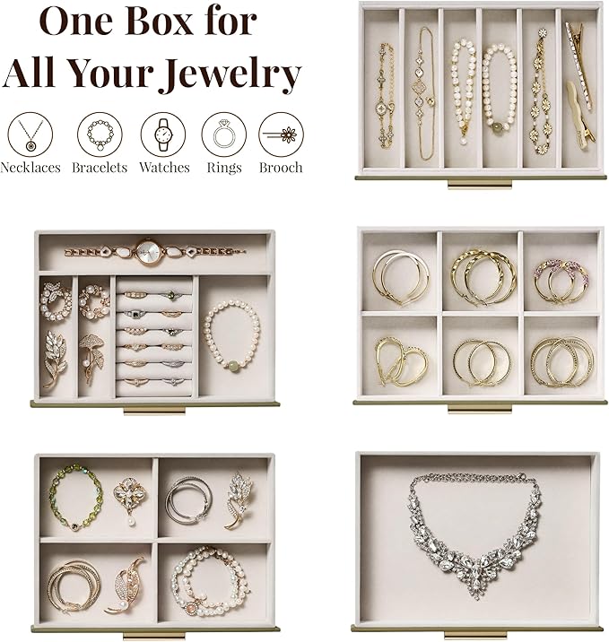 Jewelry Box Organizer Case for Women: 5-Layer Jewelry Storage Case with Glass Window, Olive Green Leather with Cream Velvet, 