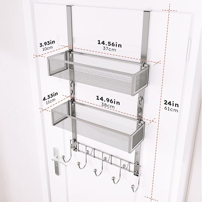Consumest Over The Door Hooks Organizer - Extra Long Door Hanger with 9 Coat Hooks & 2 Mesh Basket, Back Storage Organizer Ha