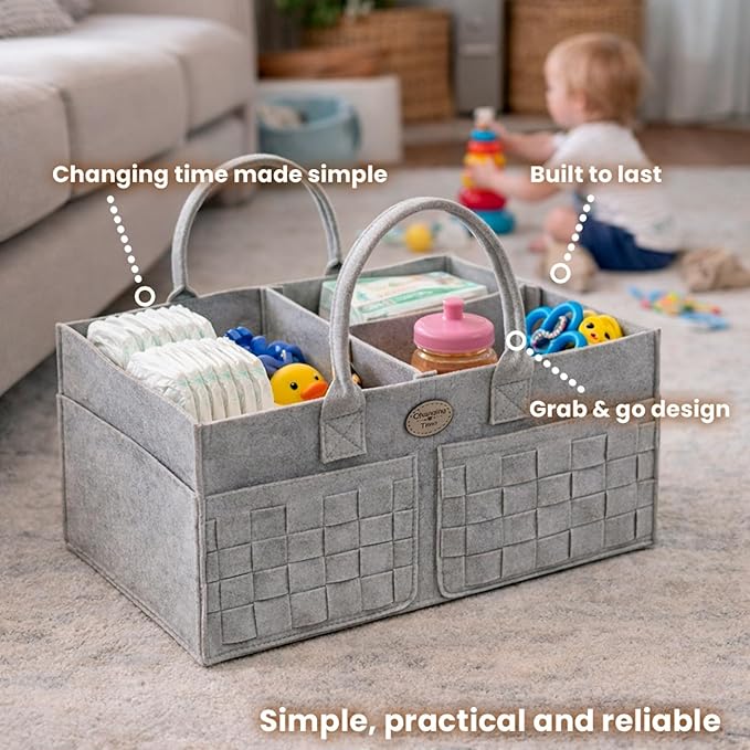 Baby Diaper Caddy Organizer for Nursery – Large Felt Storage Basket for Baby Essentials, Wipes & Diapers – Portable Nursery O