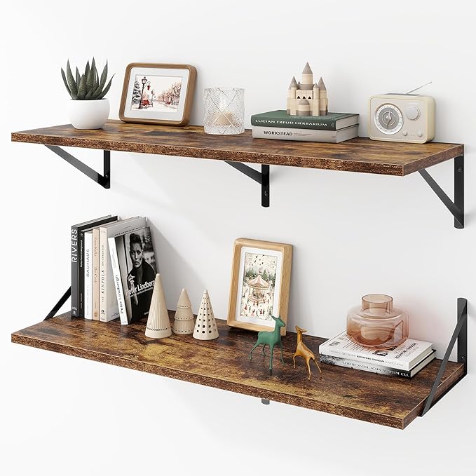 Deep Floating Shelves Wall Mounted, 36"x12" Brown Wood Shelves with Brackets Set of 2 for Bedroom, Living Room, Bathroom, Kit
