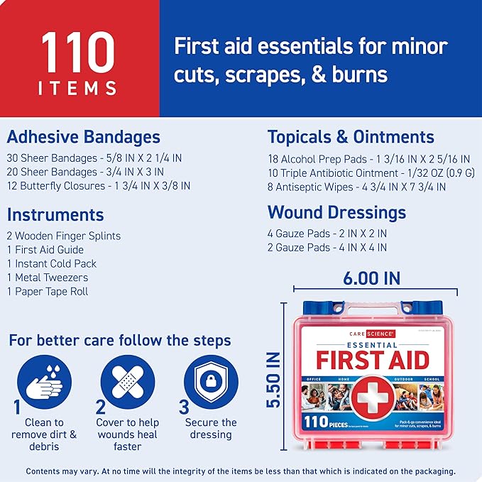 Care Science First Aid Kit, 110 Pieces | Professional Use for Travel, Work, School, Home, Car, Emergency, Survival, Camping, 