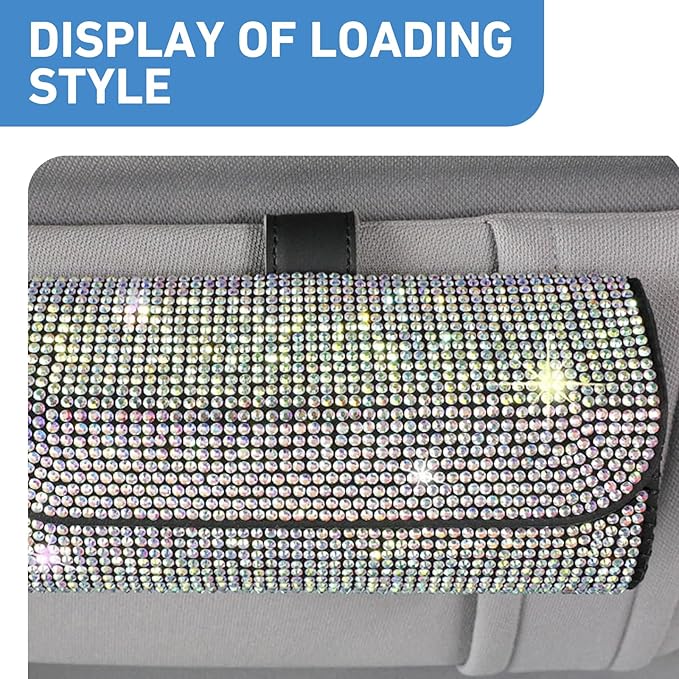 WZP Bling Sunglasses Holder for Car Sun Visor, Rhinestone Leather Eyeglasses Car Visor Clip Storage Glasses Organizer Case, Universal Vehicle Glasses Protective Storage Box for SUV Sedan Van (AB)