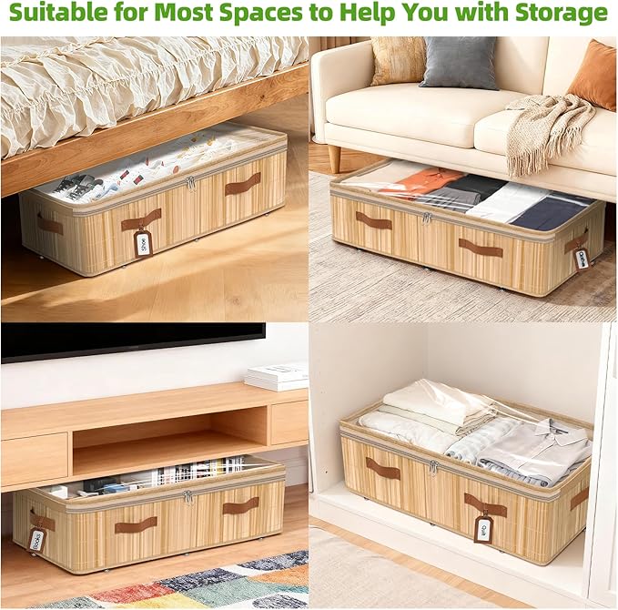 Livole 3 Pack Bamboo Under Bed Storage with Wheels, 6 inches Underbed Storage Containers, 56L XXL Rolling Under Bed Storage B