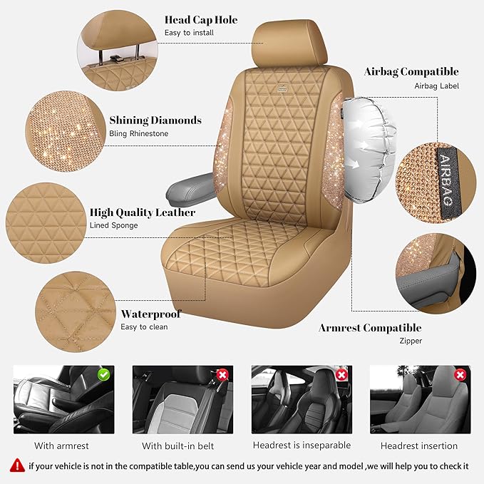 CAR PASS Bling Diamond Beige Leather Car Seat Covers Full Sets Interior Set, Waterproof Shining Glitter Sparkly Crystal Unive