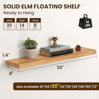 Dreamland Solid Wood Floating Shelves 30"x8" Set of 2 - Smooth Edge Elm Wall Mounted Shelf with Invisible Brackets, Minimalis