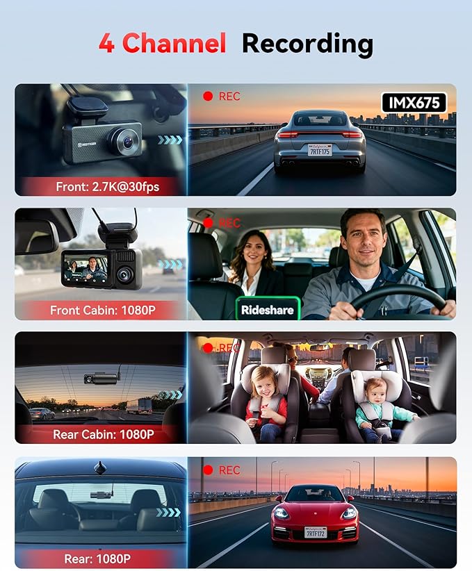 REDTIGER F17 Plus 4 Channel Dash Cam,STARVIS 2 IMX675, 360° Inside & Outside Recording, 2.7K Front + 1080P Cabin & Rear, 5.8G