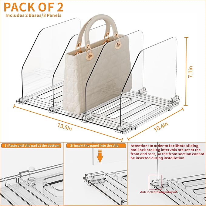 Yieach 2 Pack Purse Dividers for Closet - Adjustable Closet Purse Organizers and Storage Rack,Acrylic Clear Shelf Dividers fo