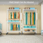 FUTASSI P1 Heavy Duty Garment Rack, 3 Tiers Adjustable Rolling Metal Closet Organizer with Lockable Wheels, FreeStanding Ward