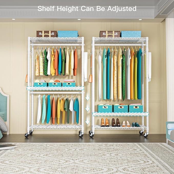 FUTASSI P1 Heavy Duty Garment Rack, 3 Tiers Adjustable Rolling Metal Closet Organizer with Lockable Wheels, FreeStanding Ward