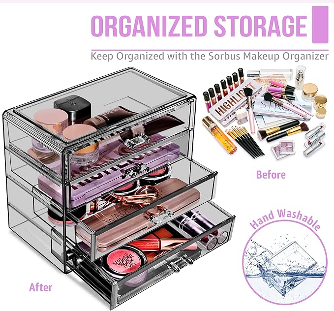 Sorbus Makeup Organizer - 4 Drawer Acrylic Make Up Organizers and Storage for Cosmetics, Jewelry, Beauty Supplies, Clear Make