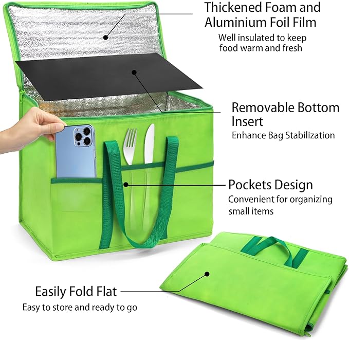 Foraineam 4 Pack Insulated Reusable Grocery Shopping Bags, Foldable Cooler Bag Food Delivery Bags with Hard Bottom Insert and Zippered Top, Stands Upright, Cooler Totes for Hot or Cold Food Transport