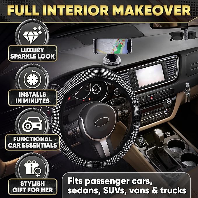Bling Car Accessories Set 27 Pieces – Silver Steering Wheel Cover, Diamond License Plate Frame, Rhinestone Interior Car Decor, Cup Holders, Hooks, Universal Fit, Great Gift for Auto Lovers