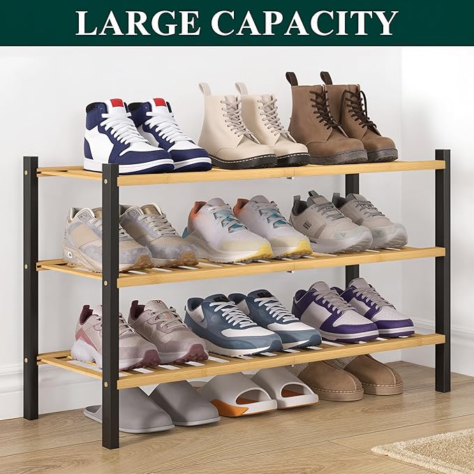 Smiry Bamboo Shoe Rack for Closet, 3 Tier Wooden Stackable Shoe Organizer, Free Standing Shoes Storage Shelf for Entryway, Fr