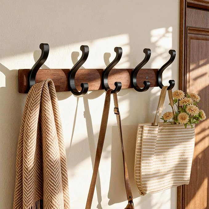 Solid Wood Wall Mounted Coat Rack, Heavy Duty 5 Hook Wooden Hanger with Metal Hooks for Hanging Hats, Coats, Towels, Backpack