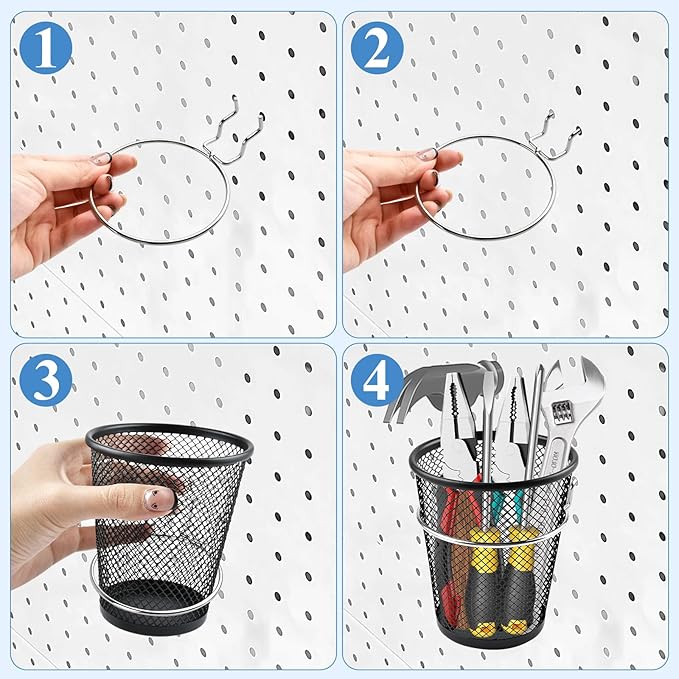 6 Sets Pegboard Cups with Ring, Metal Pegboard Bin with Hooks, Black Multipurpose Pegboard Organizer Accessories Pencil Holde