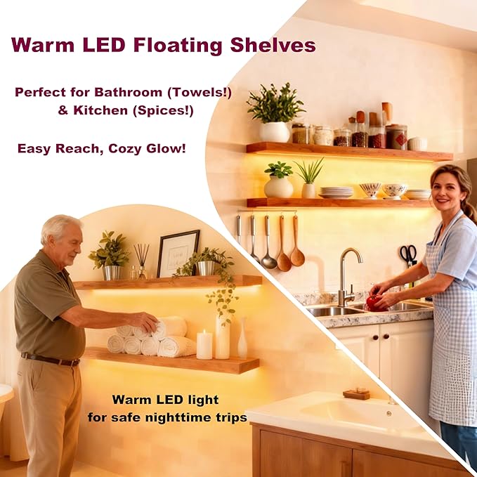 ROGMARS 36 Inches Long Walnut Floating Shelves with Led Light,Rustic Solid Wood Farmhouse Wall Shelves with Invisible Bracket