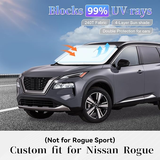 Sun Shade Sunshade for Nissan Rogue 2014-2020 Windshield Cover, 4-Layer Front Window Rogue for Shade (Not for Rogue Sport) Sun Visor 240T Retractable Shade Blocks UV Rays Car Accessories