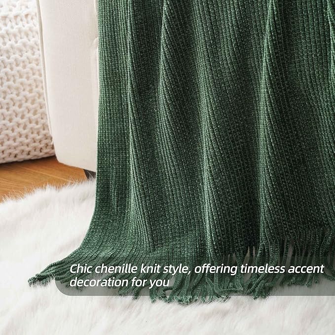 BATTILO HOME Dark Green Throw Blanket for Couch, Soft Chenille Knit Throws with Tassels for Home Decor, Christmas Green Throw