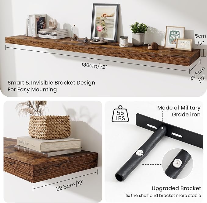 Fun Memories 72 Inch Fireplace Mantel Shelf, 12 Inch Deep Shelves for Display & Wall Storage, Rustic Wood Wall Shelf, Extra L