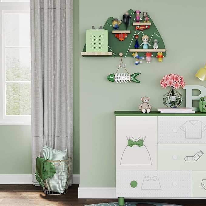Green Mountain Tonie Shelf - Wall Mounted Tonies Shelves for Toniebox, Magnetic Wood Display Floating Shelves for 8-14 Tonie 