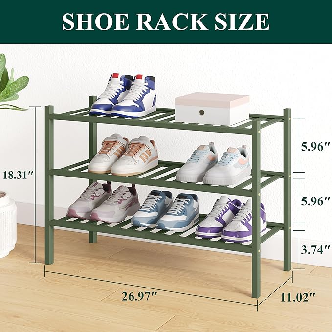 Smiry Bamboo Shoe Rack for Closet, 3 Tier Wooden Stackable Shoe Organizer, Free Standing Shoes Storage Shelf for Entryway, Fr
