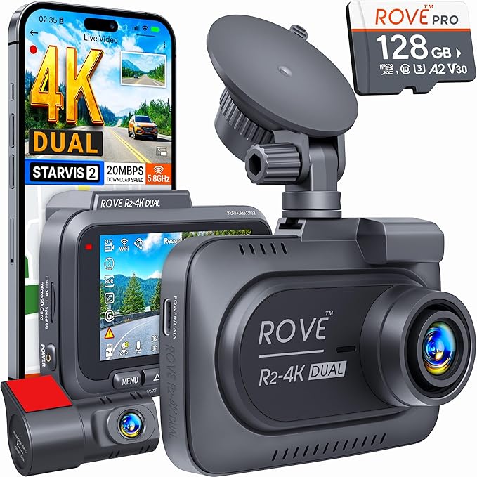 ROVE R2-4K DUAL Dash Cam Front and Rear, STARVIS 2 Sensor, FREE 128GB Card Included, 5G WiFi - up to 20MB/s Fastest Download 