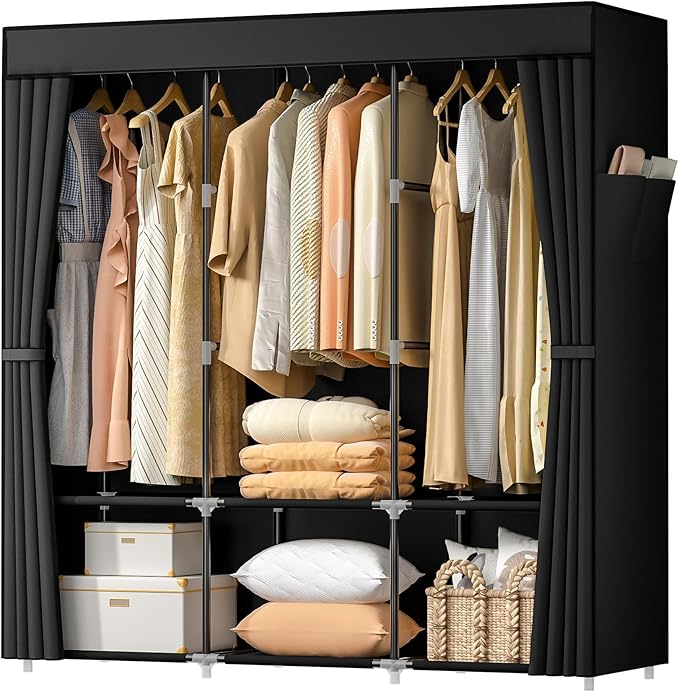 Neatrays Wardrobe Closet，Portable Closets for Hanging Clothes,Free Standing Clothes Rack with Cover & 3 Hanging rods & 6 Stor