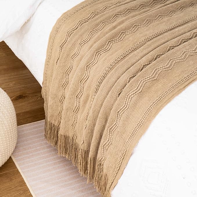 BATTILO HOME Tan Throw Blanket for Bed, Boho Decorative Couch, Taupe Home Decor, 50"x60"