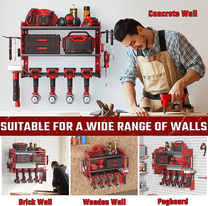 SUNALLY Power Tool Organizer, Heavy Duty Wall Mount Tool Organizer 3 Layers with 4 Drill Holders, Garage Tools Storage Rack w