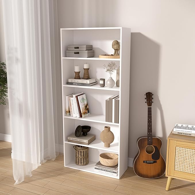 5 Tier Book Shelf,Wooden 5 Cube Storage Organizer, 54 Inch Versatile Cubes Shelf and Cubby Unit for Any Space (White, 5 Cube-