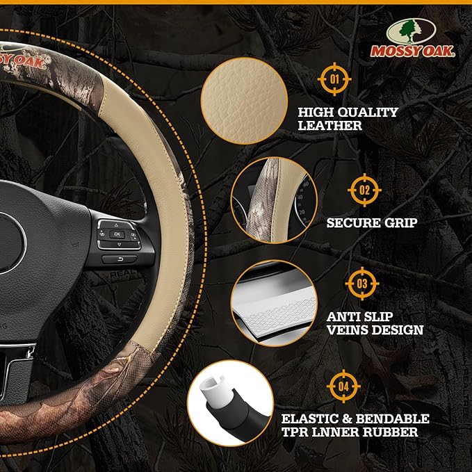 Mossy Oak Full Camo Steering Wheel Cover - Made from Premium Leather, Universal Fit for 14 1/2 to 15 inches - Official Licens