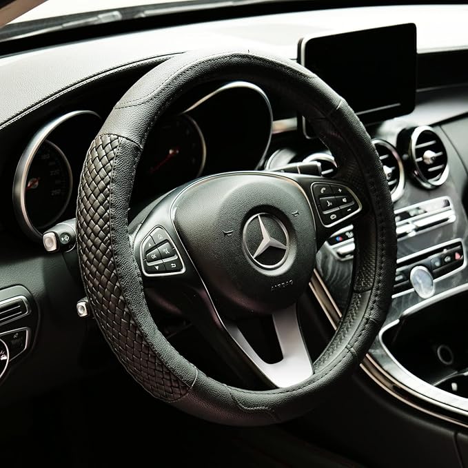 Moyishi Top Leather Steering Wheel Cover Universal Fit Soft Breathable Steering Wheel Wrap (Black)