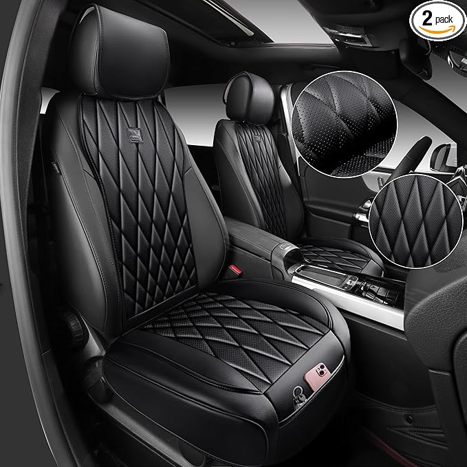 CAR PASS Luxury Napa Leather Front Car Seat Covers, Sideless Car Seat Protectors with Storage Pocket, Non-Slip Automotive Sea
