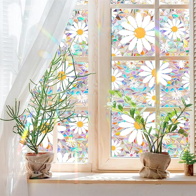 Niviy Window Privacy Film Daisy Flowers Stained Glass Window Film, Sun Blocking Glass Clings, Static Cling Rainbow Sticker Covering for Home Door (16.93 x 39.37inch)