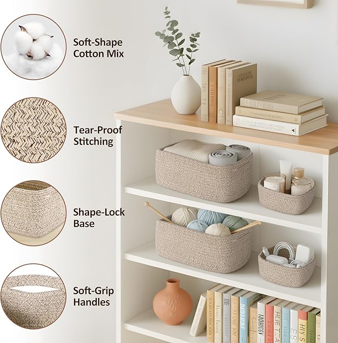 5-Pack Small Woven Rope Storage Baskets – 2 Sizes Organizer Bins for Closet, Shelf, Bookshelf, Nursery, Changing Table, Fabri