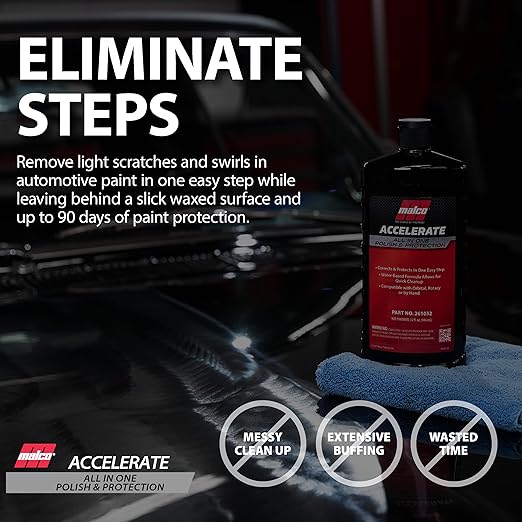 Malco Accelerate All-in-One Polish & Protection - One-Step Car Polishing Compound Designed to Remove Light to Medium Paint Defects/Deep Glossy Finish with 90-Day Protection (261032)