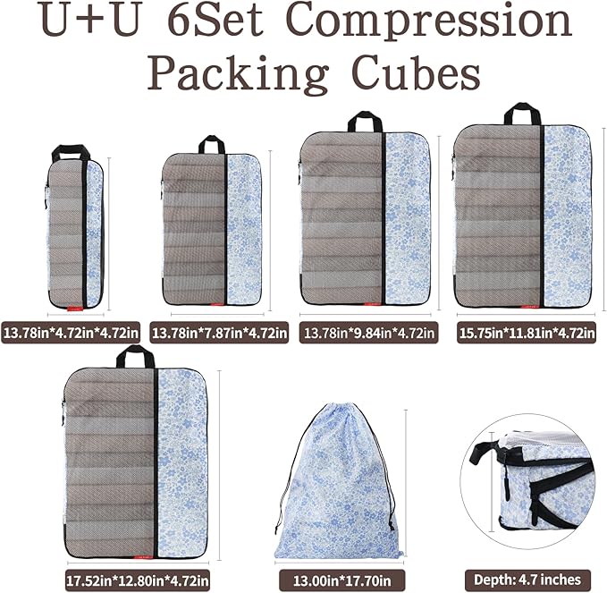 U+U 6 Set Compression Packing Cubes - Ultralight Travel Organizers with Laundry Bag, Space-Saving Suitcase Organizer for Trav