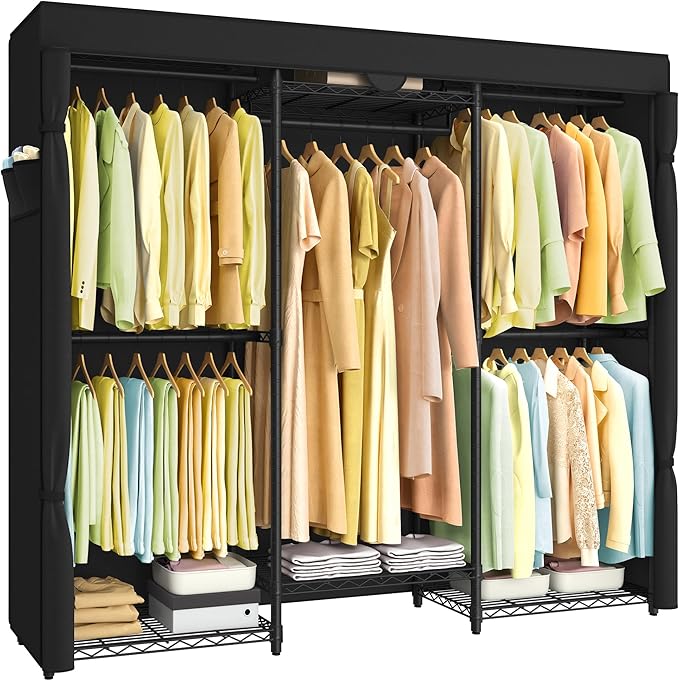 SONGMICS Heavy-Duty Clothes Rack, Garment Rack, Portable Closet, 68.7-Inch Wide Clothing Rack with Adjustable Mesh Shelves an
