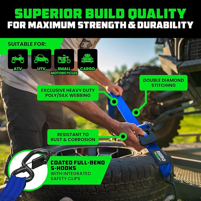 Rhino USA Retractable Ratchet Straps (4-Pack) - 2 Inch x 10 Feet (3,033lb Break Strength) - Heavy Duty Auto Self Retracting Tie Down Straps for Truck, Cargo Trailer, Motorcycle, Rad & More - Blue