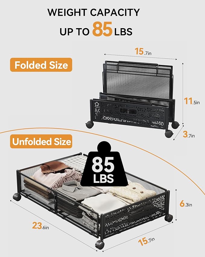 Under Bed Storage with Wheels, Foldable Pattern Carved Metal Under The Bed Storage, Tool-Free Assembly Under Bed Organizer, 6