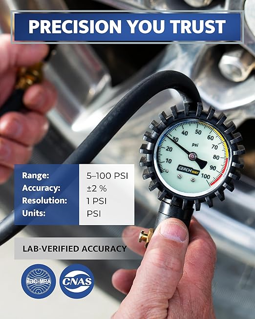 Tire Inflator with Pressure Gauge and Longer Hose - Most Accurate, Heavy Duty Air Chuck with Gauge for Air Compressor Tire Inflator Attachment - 100PSI