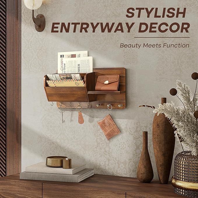 Rebee Vision Pine Wood Key Holder Wall Mount for Home Decor - Stylish Mail Holder Wall Mounted with Shelf & Hooks for Entrywa