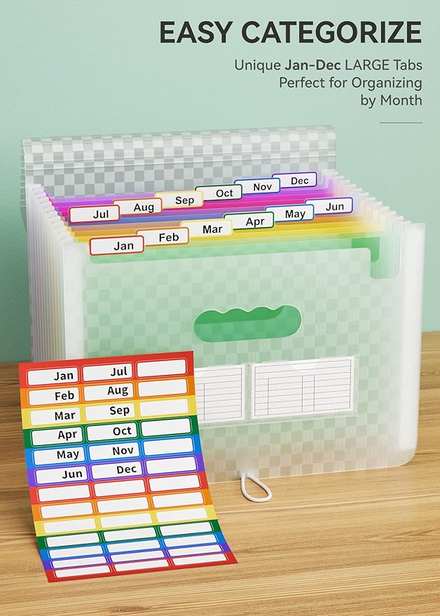 ABC life 12 Pockets Accordion File Organizer Expanding File Folders, Portable Monthly Bill Receipt Document Organiser, Expand
